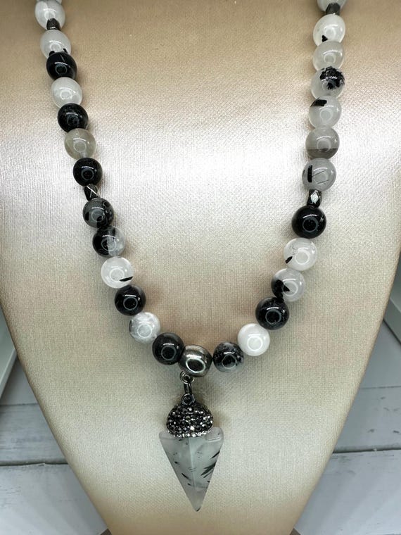 Black Tourmaline Rutilated Quartz Gemstone Beaded Necklace with Black Tourmaline Rutilated Quartz Pendant