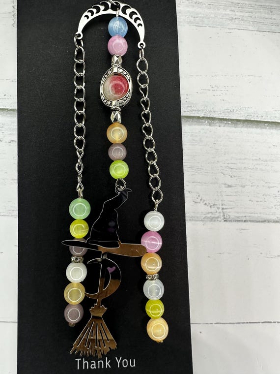 Pink Tourmaline Jade 8MM & Rainbow Selenite Gemstone Necklace with Witchy Charm