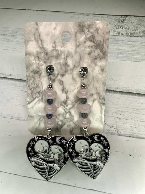 Rose Quartz & Blue Kyanite Gemstone Skeleton Lovers Earrings