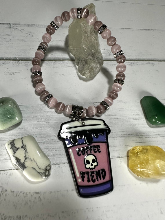 Light Pink & Purple Cat Eye Gemstone Beaded Bracelet with Coffee Fiend Charm