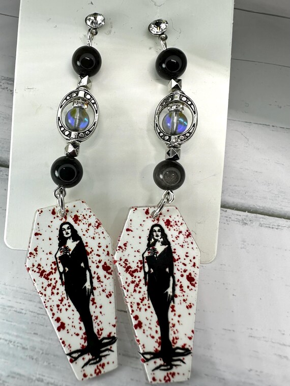 Silver Obsidian 8mm & Black Blue Mystic Mermaid Glass Gemstone Coffin Vampira Earrings