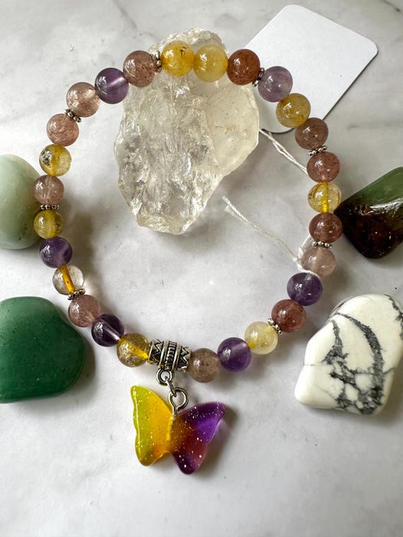 Super Seven Gemstone Beaded Bracelet with Butterfly Charm