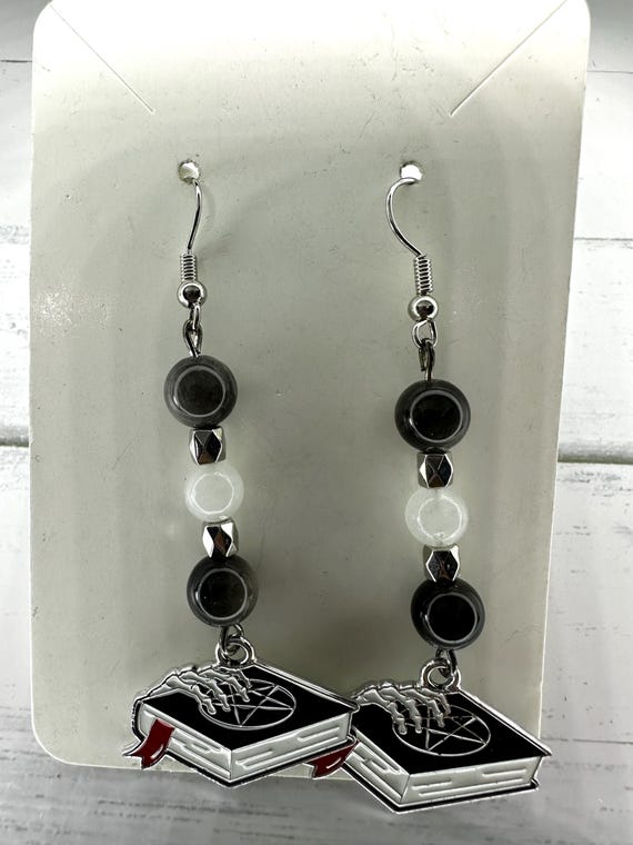Silver Obsidian 8mm & White Jade Gemstone Pentagram Book Earrings