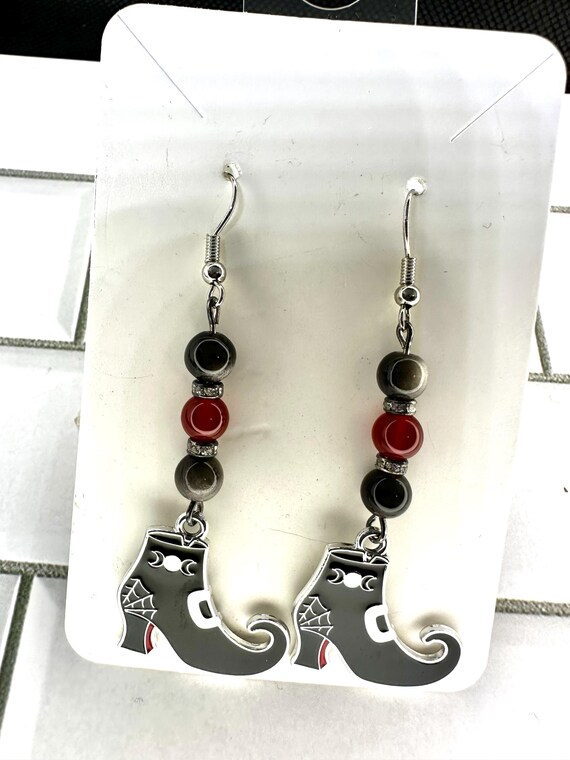 Silver Obsidian & Red Agate Witchy Boots Gemstone Earrings