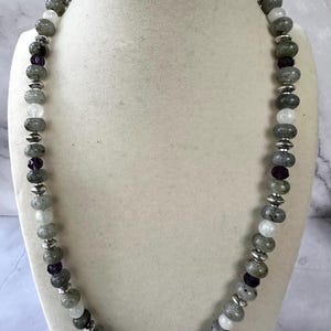 White Labradorite, Moonstone, & Amethyst Gemstone Beaded Necklace