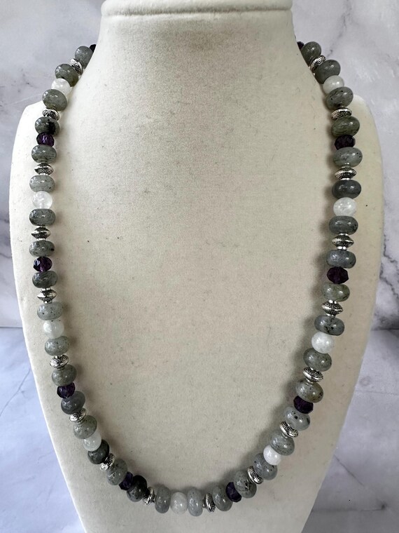 White Labradorite, Moonstone, & Amethyst Gemstone Beaded Necklace