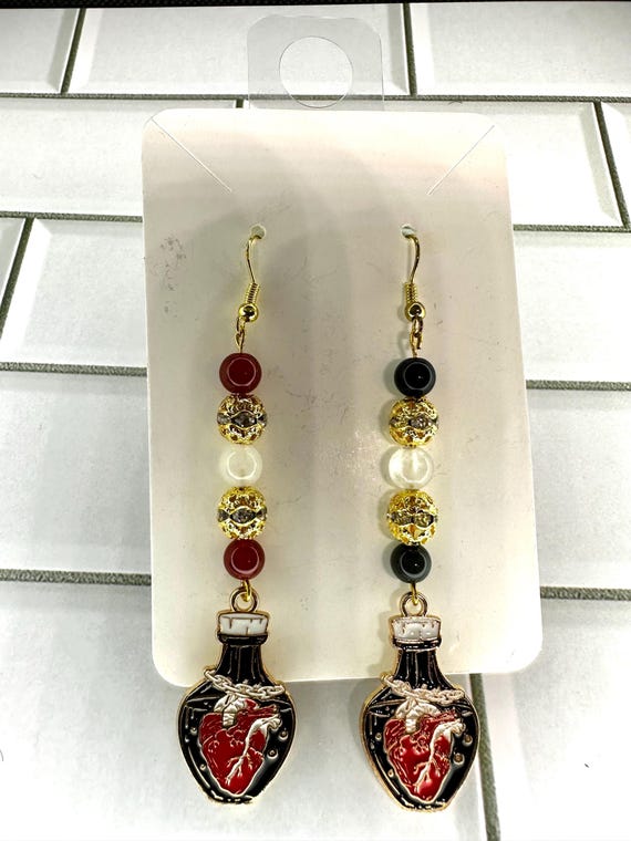 Black Obsidian, White Jade, & Red Agate Heart in Jar Gemstone Earrings