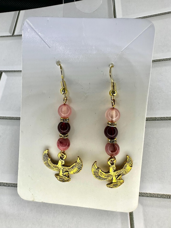 Rose Persian Jade & Ruby Red Dyed Quartz Gold Goddess Gemstone Earrings