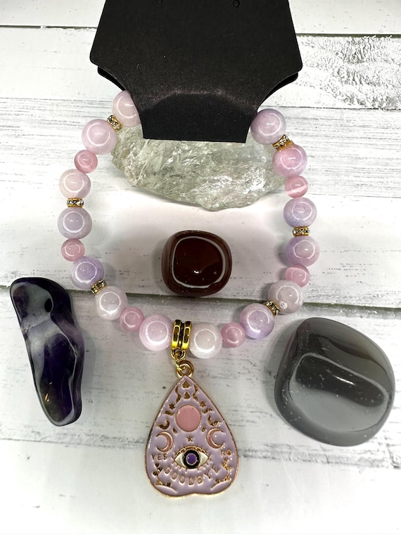 Galaxy Purple Persian Jade 8MM & Pink Cat Eye Gemstone Panchette Bracelet