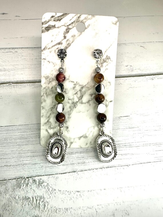 Galaxy Multi Purple Tiger’s Eye Gemstone Earrings with Cowboy Hat Charm