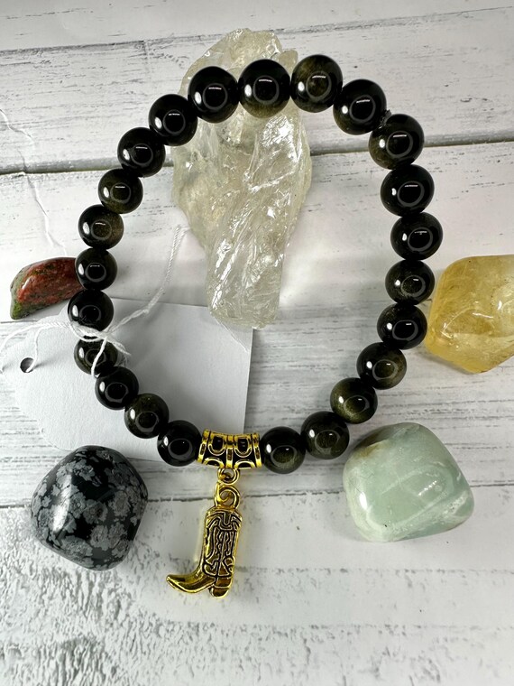 Gold Obsidian 8MM Gemstone Beaded Bracelet with Gold Boot Charm