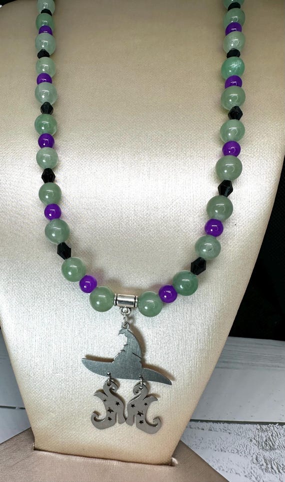 Green Aventurine 8MM Gemstone Necklace with Witch Hat & Boots Pendant