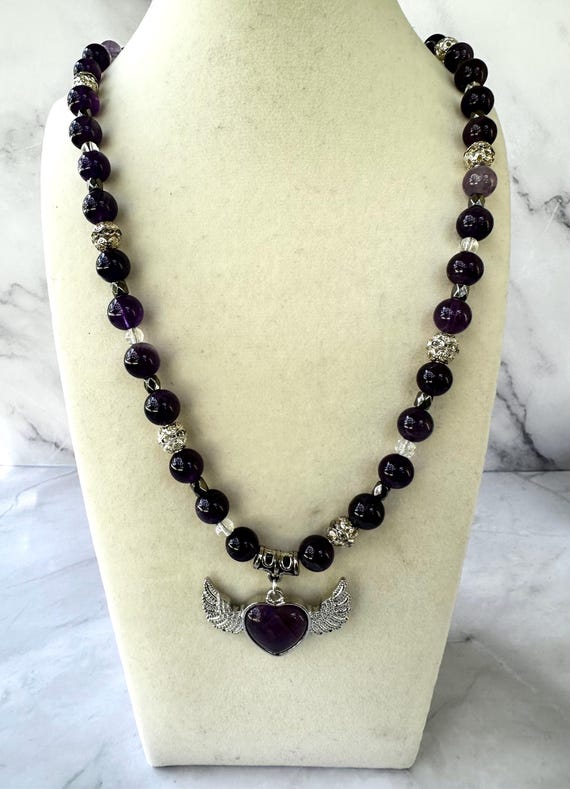 Amethyst 8MM & Clear Quartz Gemstone Beaded Necklace with Amethyst Winged Heart
