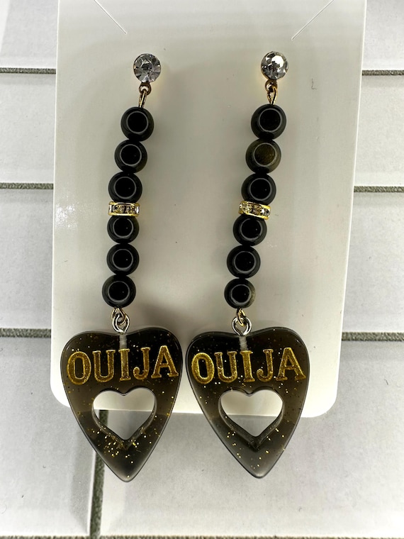 Gold Obsidian Ouija Heart Gemstone Earrings