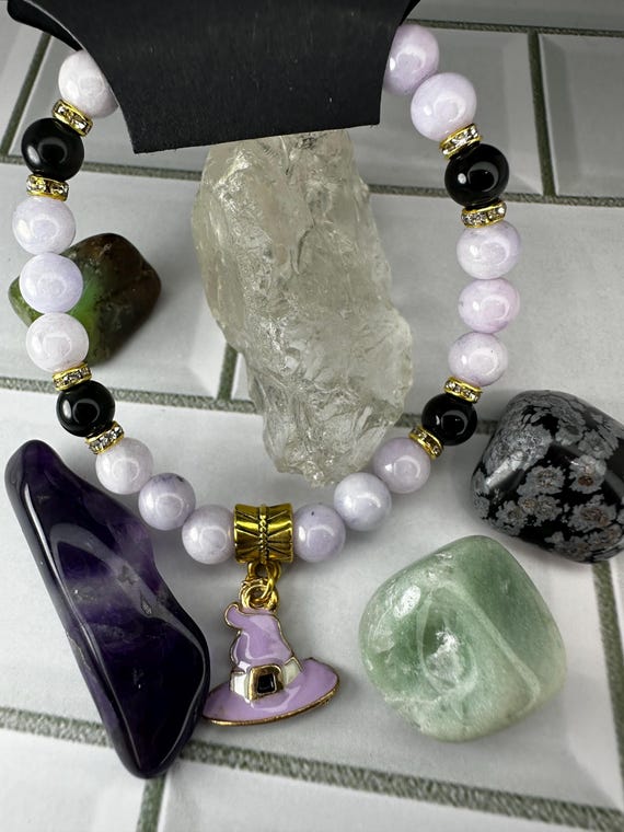 Electroplated Blue Angelite & Black Obsidian Witch Hat Gemstone Bracelet