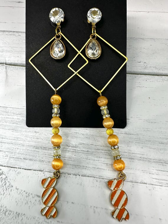 Orange Cat Eye & White Jade Gemstone Candy Earrings