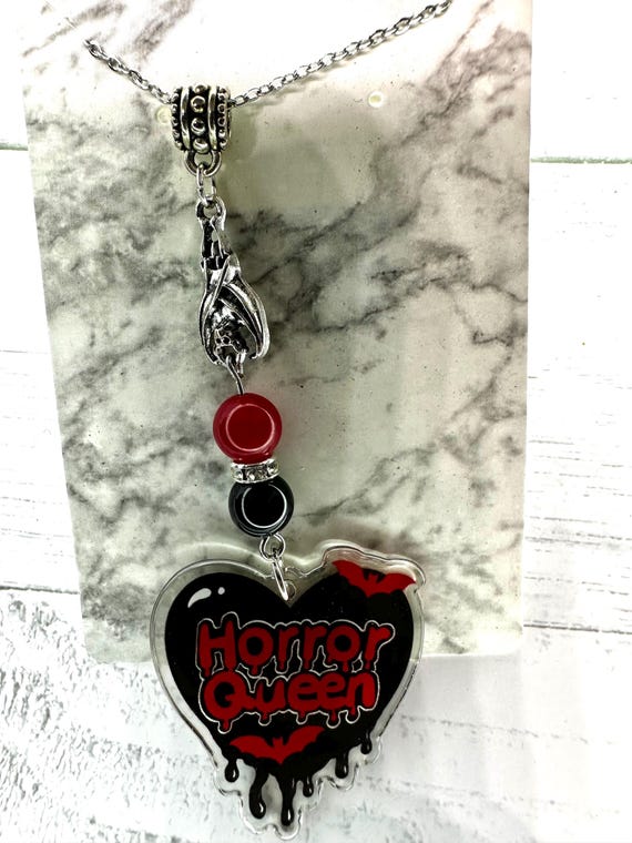 Black Obsidian 8MM & Carnelian 8MM Gemstone Necklace with Horror Queen Charm