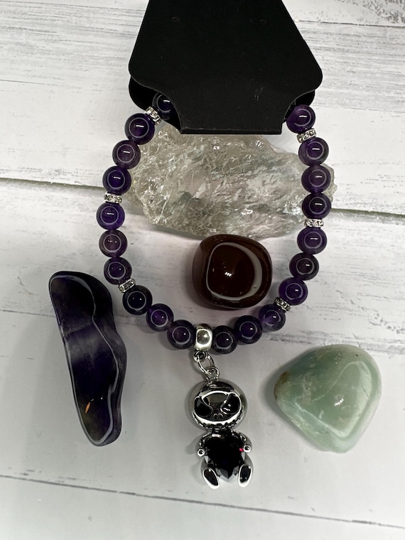 Amethyst Gemstone Bracelet with Skeleton & Purple Heart Charm