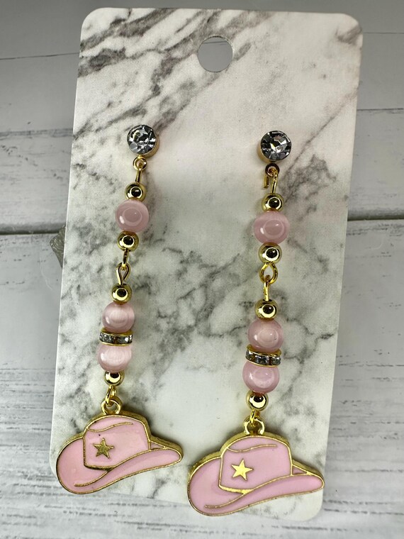 Pink Cat Eye Beaded Earrings with Pink Cowgirl Hat Charm