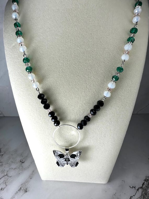 Emerald, Rosaline, Opal, & Black Obsidian Gemstone Necklace with Skully Butterfly Charm