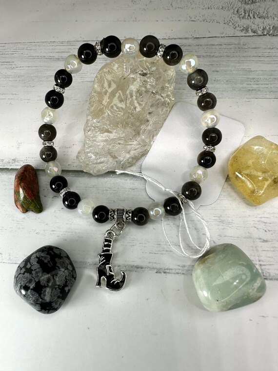 Silver Obsidian & Rainbow Agate Gemstone Beaded Bracelet with Witch Boot Charm