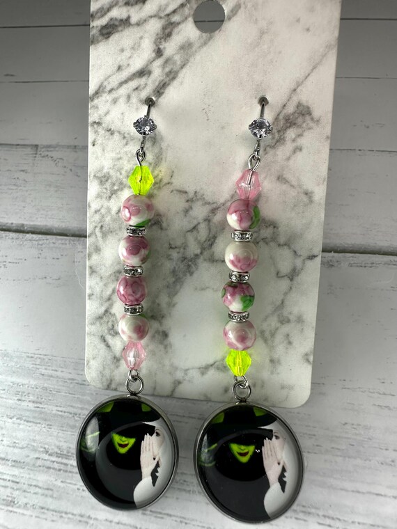 Green Red Rain Flower Beaded Earrings with Good & Evil Witch Charm