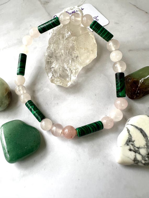 Rose Quartz & Malachite Gemstone Beaded Intentions Bracelet