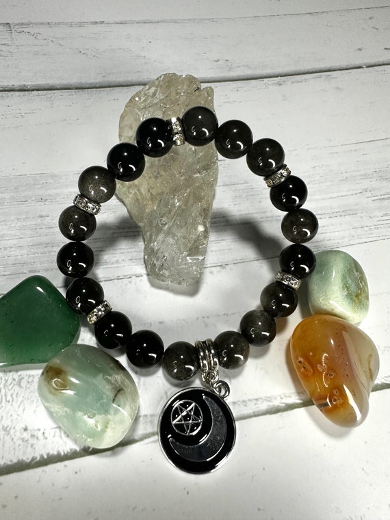 Silver Obsidian 8mm Gemstone Beaded Bracelet with Moon & Pentagram Charm