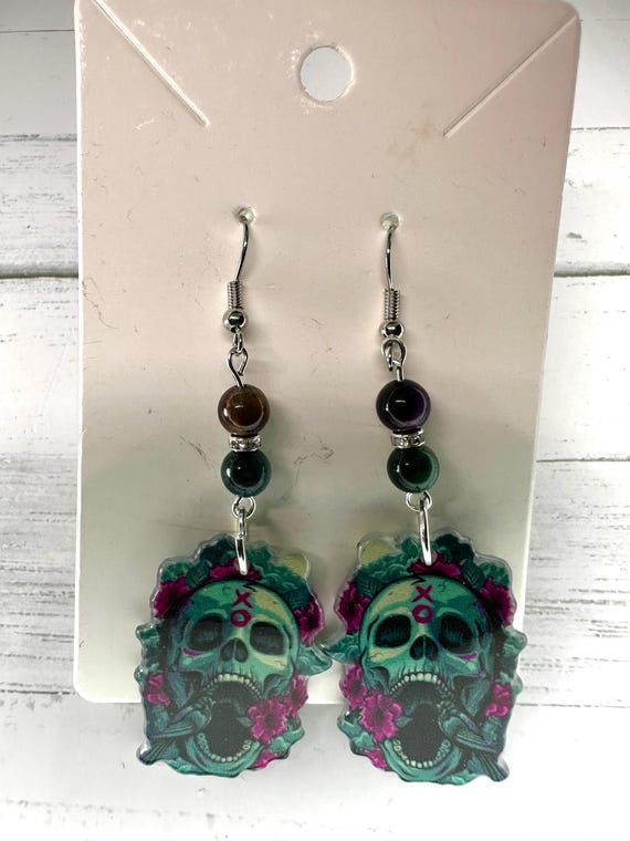 Galaxy Rainbow Tiger’s Eye Gemstone XO Skull Earrings