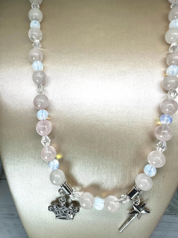Rose Quartz 8MM & Opalite Gemstone Princess Necklace