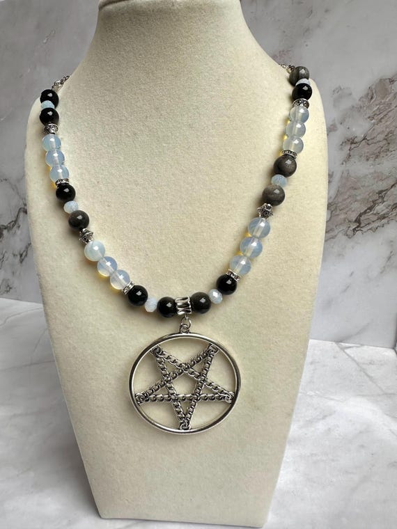 Silver Obsidian 8MM & Opal Beaded Gemstone Necklace with Pentagram Pendant