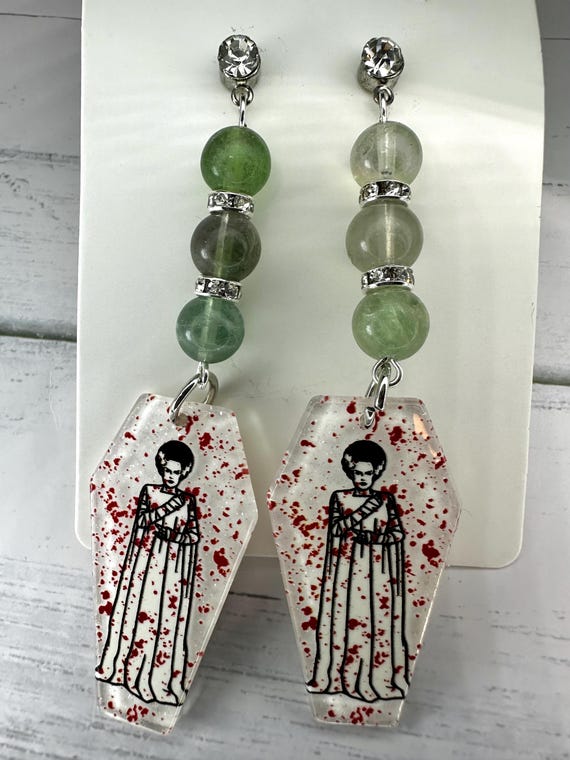Fluorite 8mm Gemstone Bride of Frankenstein Coffin Earrings