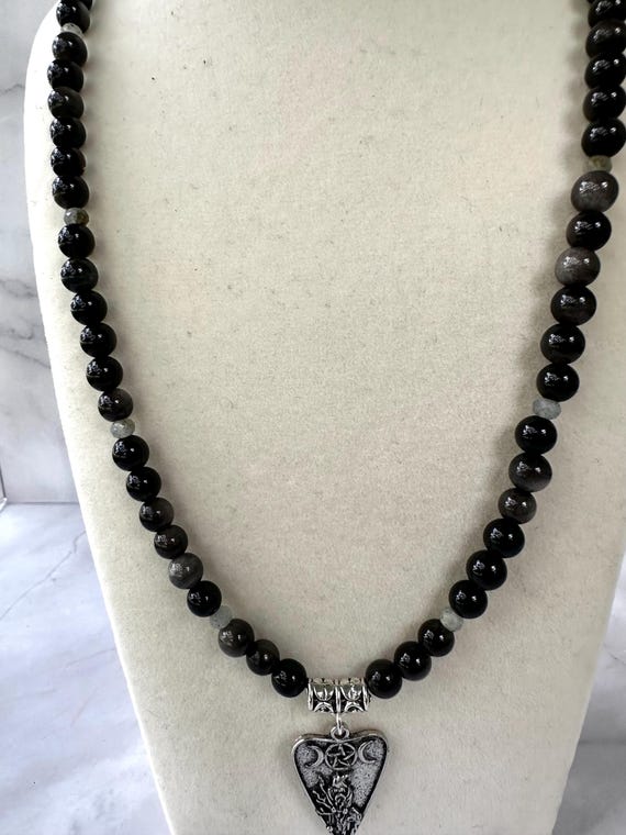 Silver Obsidian & Spectrolite Gemstone Beaded Necklace with Planchette Charm