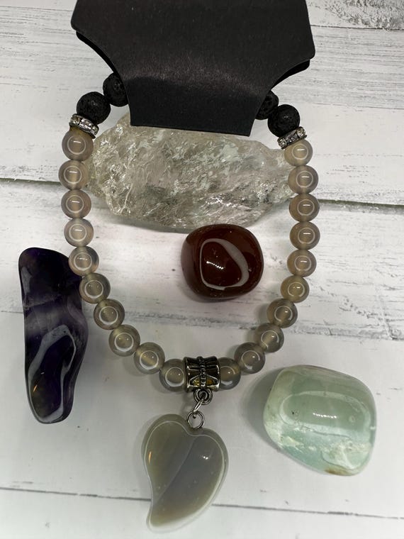 Gray Agate & Black Lava Beads Gemstone Bracelet with Gray Agate Heart Charm