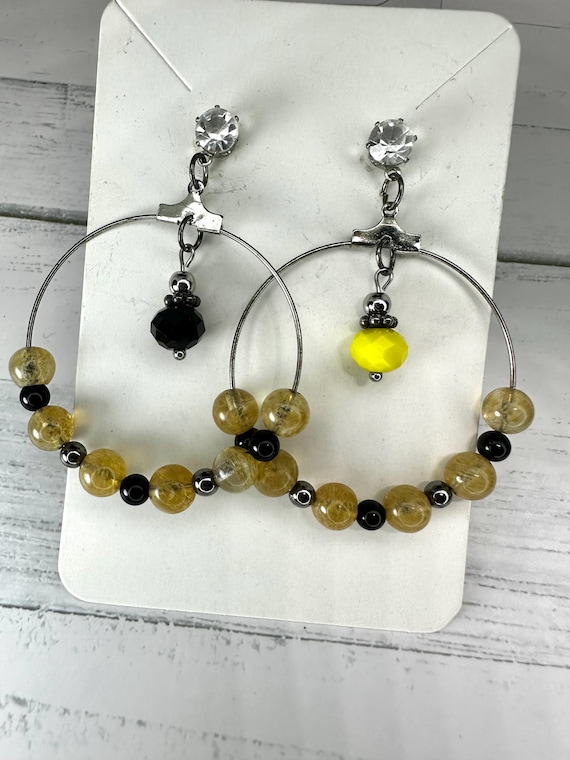 Gold Rutilated Quartz & Black Onyx Gemstone Hoop Earrings
