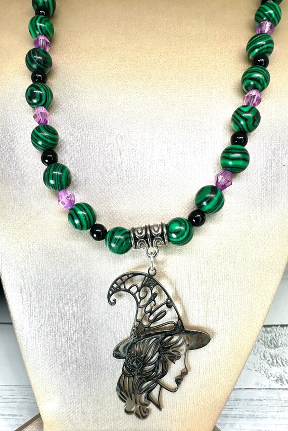 Malachite 8MM Gemstone Necklace with Witch Pendant