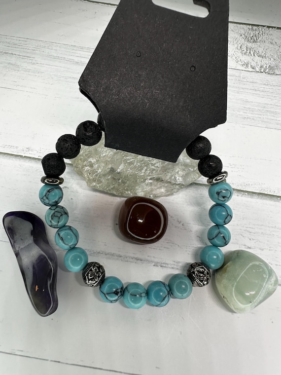 Blue Turquoise & Black Lava Beads 8MM Gemstone Bracelet