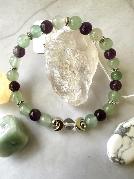 Green Aventurine & Amethyst Gemstone Beaded Triple Moon Intentions Bracelet