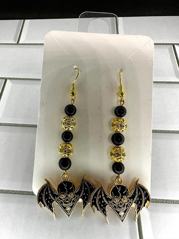 Rainbow Obsidian Skull Bat Gemstone Earrings