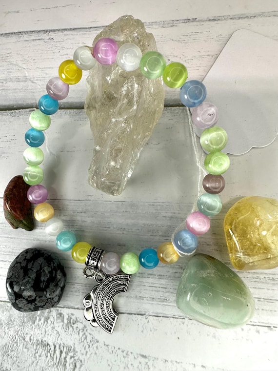 Rainbow Selenite Gemstone Beaded Bracelet with Rainbow Charm