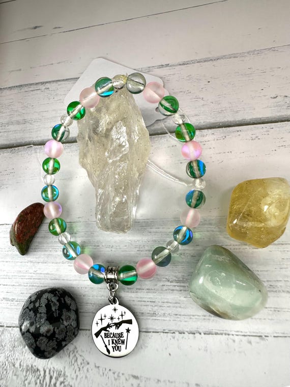 Green Aura Quartz, Light Pink Mystic Aura Quartz & Clear Quartz Gemstone Beaded Bracelet with Because I knew You Charm