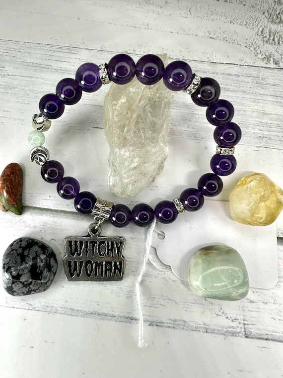 Amethyst 8MM & Green Moonstone Gemstone Beaded Bracelet with Witchy Woman Charm and Triple Moon