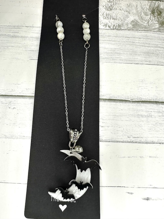 Rainbow Moonstone Gemstone Necklace with Moon & Bats Charm