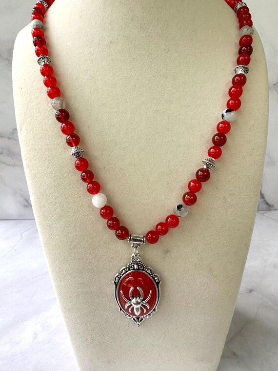 Carnelian & Rainbow Moonstone Gemstone Beaded Necklace with Spider Charm