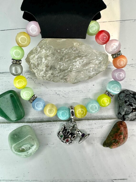 Rainbow Selenite 8MM Cat & Hat Gemstone Beaded Bracelet
