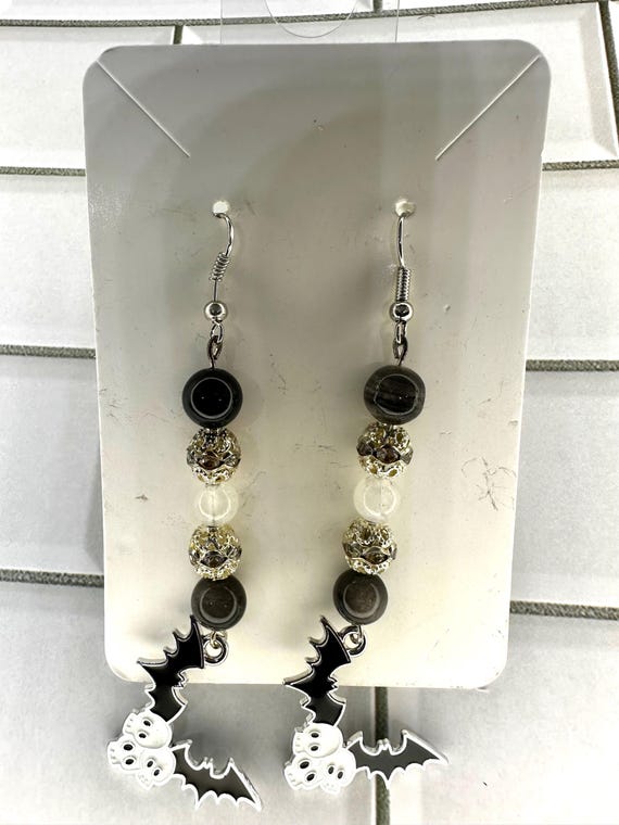 Silver Obsidian 8MM & White Jade Skull and Bats Gemstone Earrings