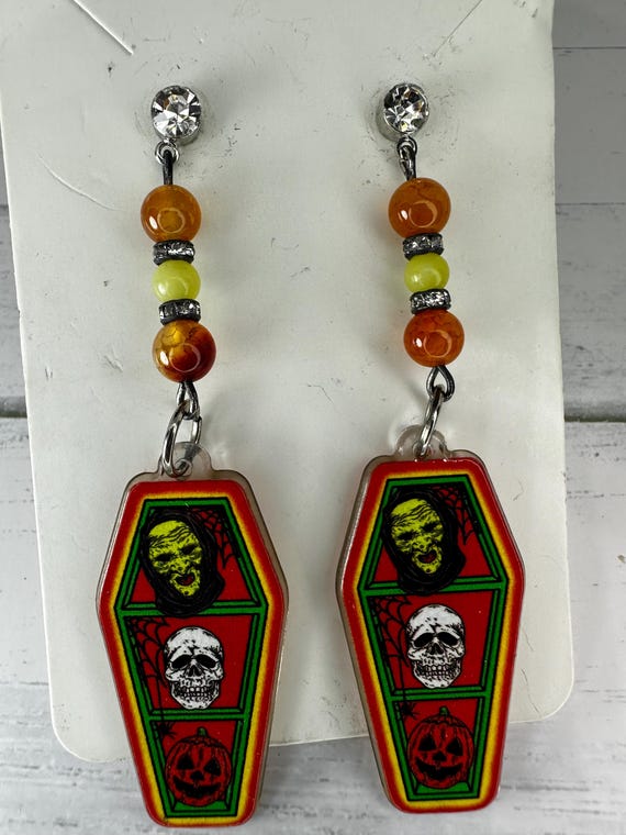 Orange Dragon Vein Agate & Lemon Jade Gemstone Scary Faces Earrings