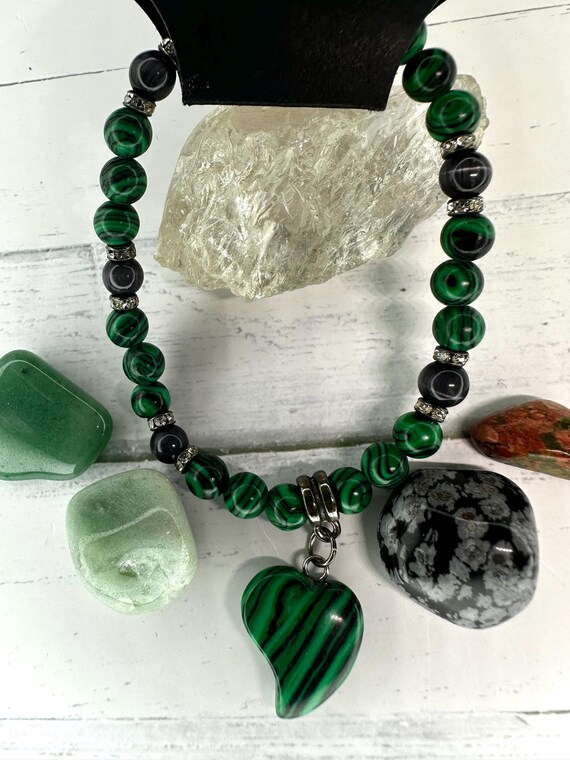 Malachite Gemstone Beaded Bracelet with Malachite Heart Charm