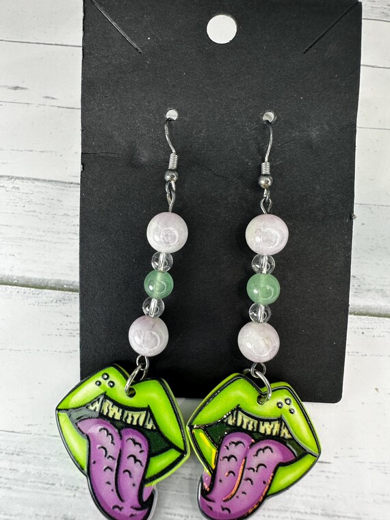 Lavender Kunzite 8mm, Green Aventurine, & Clear Quartz Gemstone Monster Mouth Earrings