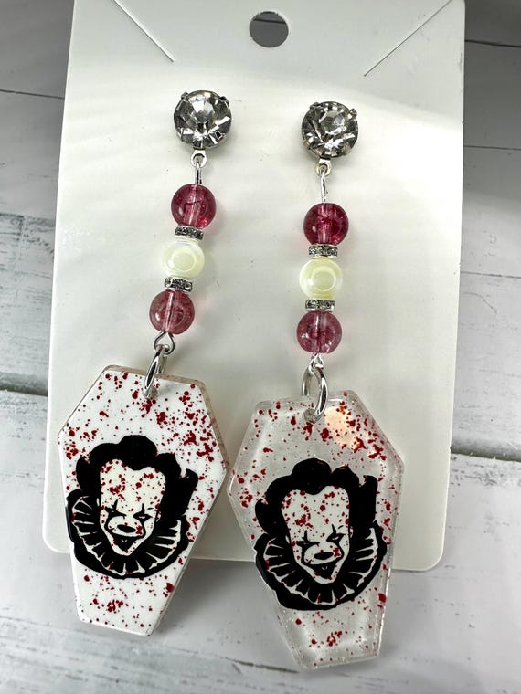 Red Phantom Quartz & White Mother of Pearl Shell Gemstone Coffin Clown Earrings